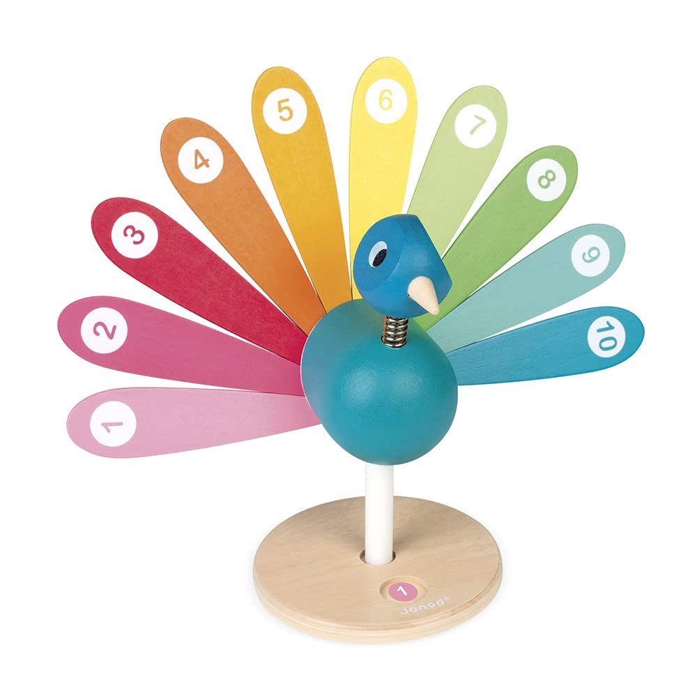 Janod - I'm learning to Count Peacock - Wooden Early Learning Educational Toy - Teaches Numbers and First Hand Movements - Ages 2 and up. - J08040