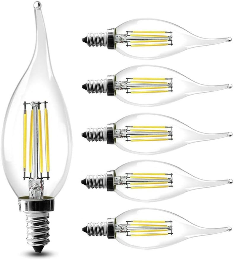 Atongham Dimmable LED Candelabra Bulb 40W 60W Equivalent E14 Base LED Candle Bulbs C35 Clear Glass Flame Shape Bent Tip 360 Degrees Beam Angle, Pack of 6 (Warm White, 6W)