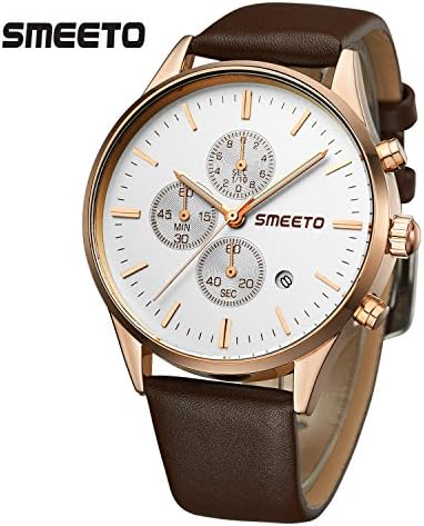 SMEETO Multi-functional Wrist Watch Casual Genuine Leather Strap with Real Chronograph and Date Display for Men