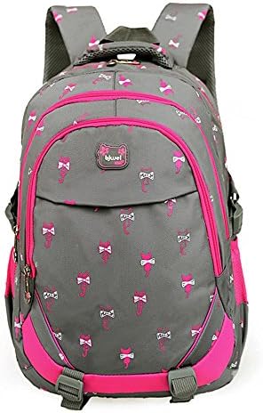 Gofriendly Girls Canvas School Backpack Bags With Pink Kitty Pattern - Lightweight School Laptop Hiking Travel Daypack 16" (Grey)