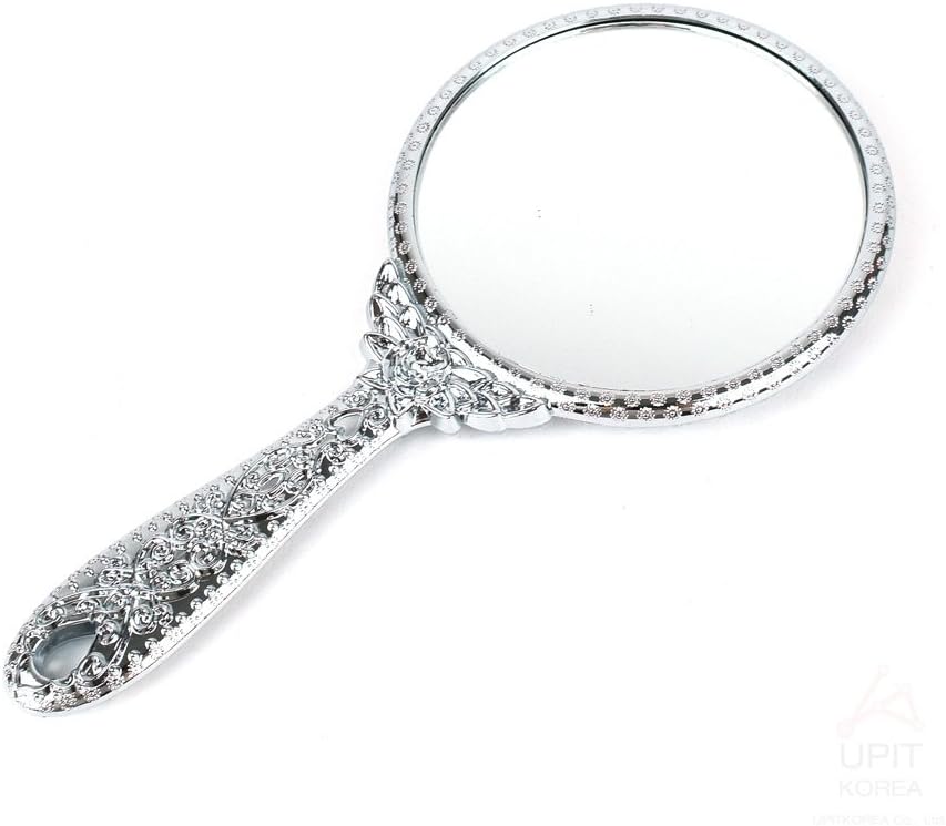 UPIT Handheld Vanity Makeup Mirror Vintage Cosmetic Mirror Plastic Makeup Mirror (3.7x7.5inch)(9.5x19cm) (Silver)