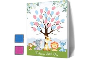 Azbuk Gender Reveal Fingerprints Tree Guest Book for Baby Shower, Animals Theme Canvas Baby Shower Gender Reveal Fingerprint Guest Book, Gender Reveal Party Ideas for Baby Shower Boy and Girl