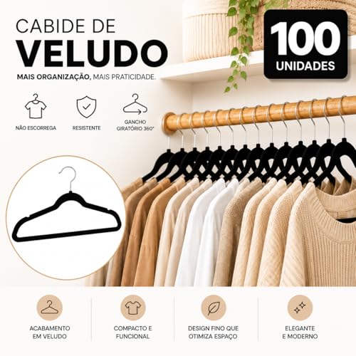 Kit 100 Cabides De Roupas Veludo Premium Preto Bege Slim Antideslizante Adulto Ultra Fino Gancho 360° Calça Camisetas Casacos Resistente (Bege)
