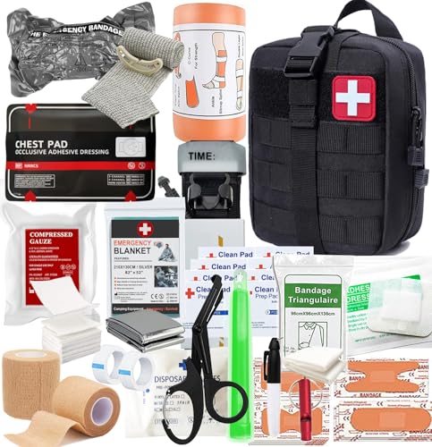 Kit IFAK de trauma con torniquete de combate | Sello de pecho ventilado | vendaje israelí | gasa comprimida | vendajes de control de sangrado for emergency, camping, hunting, hiking (Negro)