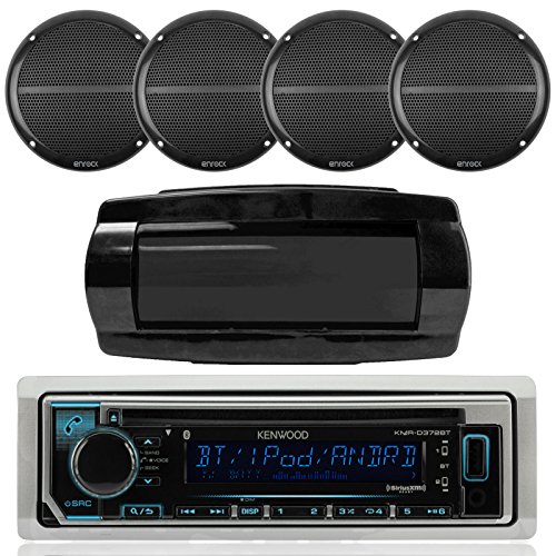 Kenwood Single DIN Bluetooth in-Dash CD/AM/FM/Digital Media Marine Stereo Receiver, 4X Enrock Marine Black Dual 6.5" Full Range 250W Speakers, Seaworthy Radio Cover