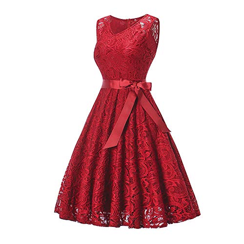 Hot Sale Bridesmaid Lace Dress DEATU Women Sleeveless/Long Sleeve Formal Ladies Wedding Bridesmaid Lace Long Dress(Watermelon Red,S) - Thumbnail 2
