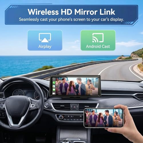 8.1" Portable Wireless CarPlay Stereo with 2K Dash Cam & 1080P Backup Cam | Wireless CarPlay/Android Auto, Voice Control, Split Screen, Plug & Play, 2K Dash Cam + 1080P Rear Cam