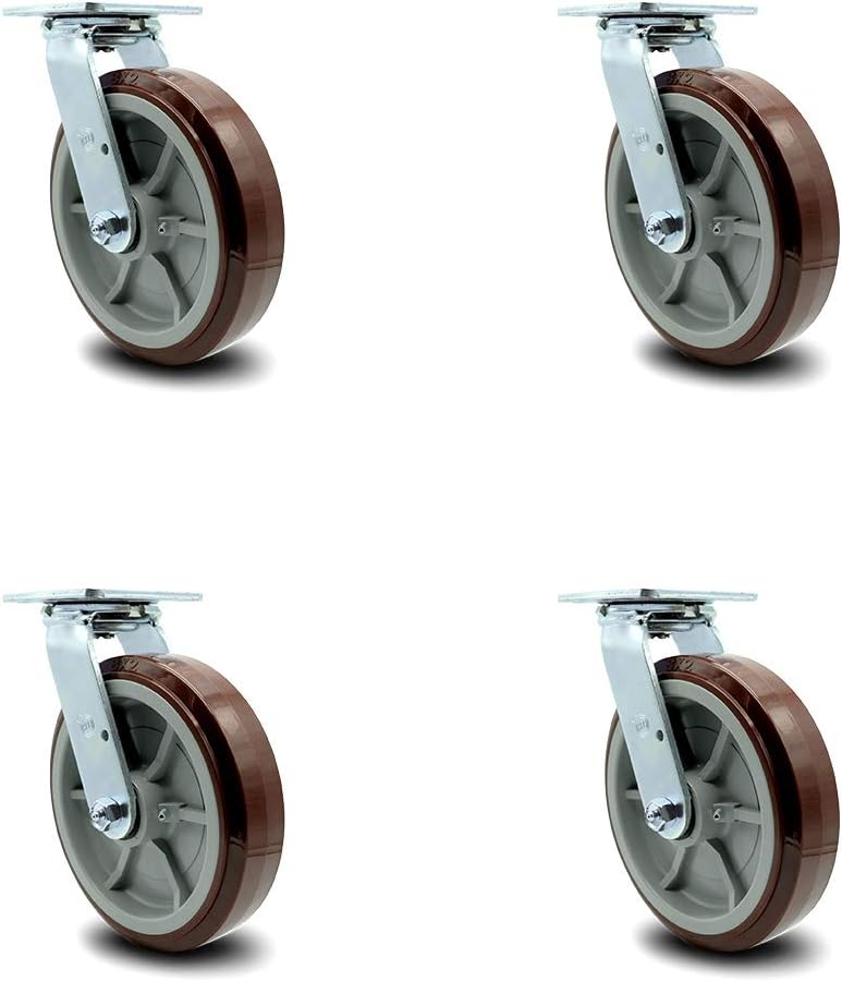 Service Caster Brand 8 Inch Heavy Duty Swivel Casters Set of 4 Polyurethane Caster Wheels – 4,000lbs. Total Capacity – Swivel Plate Casters with Roller Bearings