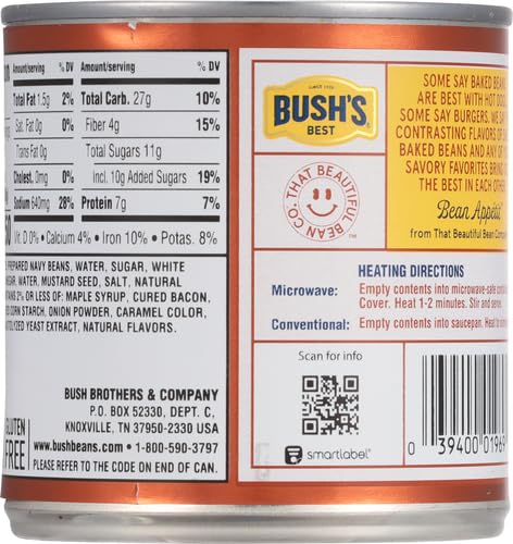 BUSH’S CANNED MAPLE CURED BACON BAKED BEANS (PACK OF 1), PROTEIN, GOOD SOURCE OF FIBER, LOW FAT, GLUTEN FREE, 16 OZ
