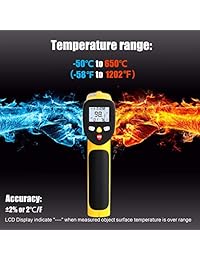 zenic pistola de temperatura, sin contacto termómetro digital láser infrarrojo profesional con doble láser emisividad ajustable,  50   650 °C, D: S = 12: 1 (Amarillo Negro)