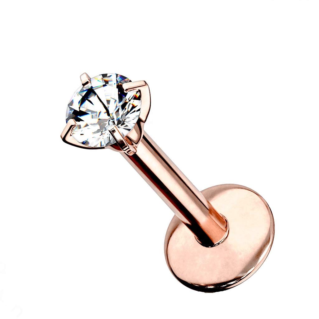 PiercedOff 1.2mm Rose Gold Tone PVD over Titanium Labret with 3mm Clear CZ Gem - Length 6mm