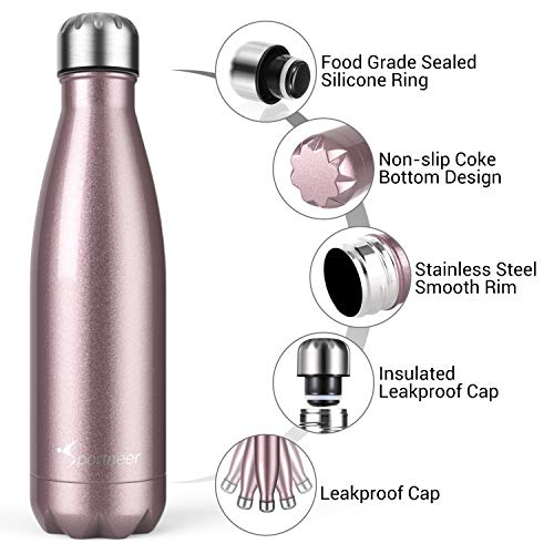 Sportneer Botella de Agua, Botella Doble Pared Aislada al Vacío de Acero Inoxidable, Botella de Agua, BONOS Cepillo de Limpieza y Funda de Botella (Oro Rosa, 500ml)