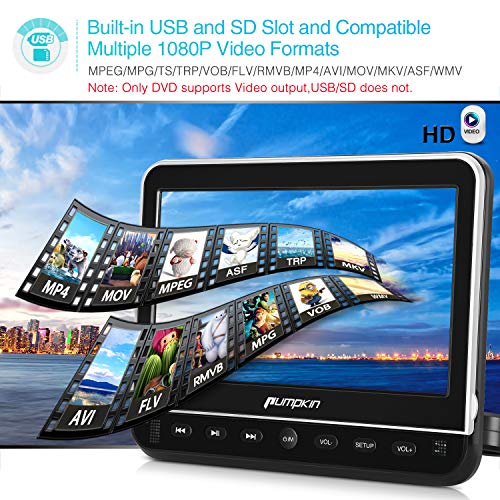 PUMPKIN 10.1 Inch Headrest Car DVD Player with Free Headphone, Support 1080P Video, HDMI Input, AV in Out, Region Free, USB SD, Mounting Brackets Included