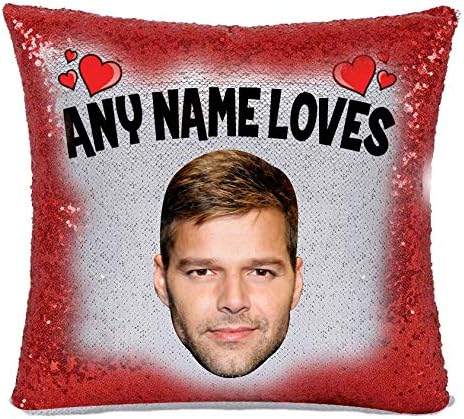 Red Magic Sequin Cushion - Any Name Loves Ricky Martin Celebrity Pillow - INSERT INCLUDED