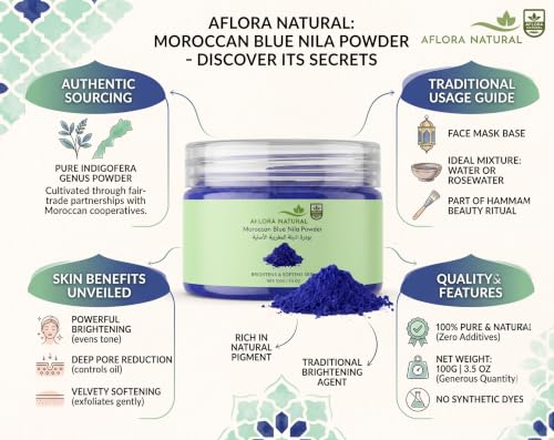 AFLORA NATURAL Moroccan Blue Nila Powder 100g – 100% Pure & Natural – Skin Brightening Face & Body Mask – Helps Reduce Tan, Dark Spots & Uneven Tone – Traditional Moroccan Beauty Care