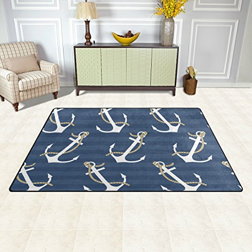 Sunlome Navy Blue Nautical Anchor Stripe Area Rug Rugs NonSlip Indoor
