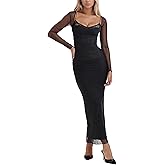 Women's Sexy Mesh Dresses Long Sleeve Slim Fit Elegant Sheer Maxi Dress Party Club Night Out Evenig Cocktail Long Dresses