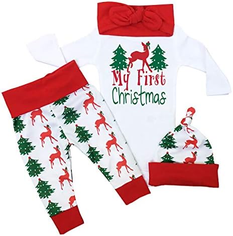 Uaena Christmas Outfit Baby Girls My First Christmas Romper Bodysuit Onesie Deer Christmas Tree Print Pants