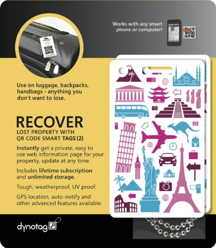 Dynotag Web Enabled Smart Fashion Luggage ID Tags, with DynoIQ & Lifetime Recovery Service. 2 Identical Tags+Chains (Memories)