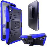 ZTE Quartz Z797C Case, ATUS® ZTE Quartz Z797C Armor Series - Heavy Duty Dual Layer Holster Case Kick Stand with Locking Belt Swivel Clip (Free E-Time Brand LCD Screen Protector + Stylus Pen Included) (BLACK/BLUE)