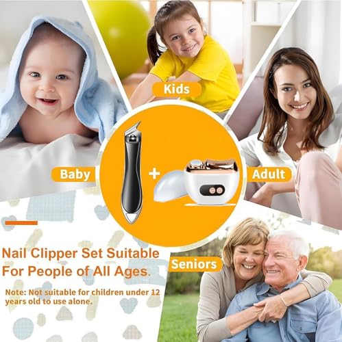 Electric Nail Clipper Set, Includes a 3 in 1 Automatic Nail Clipper + an Angled Nail Clipper for Babies, Children, Adults and Elderly, Ideal for All Nail Care Needs, White