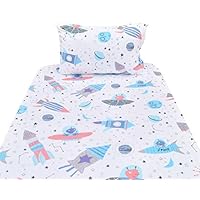 J-pinno Planet Spaceship Rocket Twin Sheet Set for Kids Boy Children,100% Cotton, Flat Sheet + Fitted Sheet + Pillowcase Bedding Set