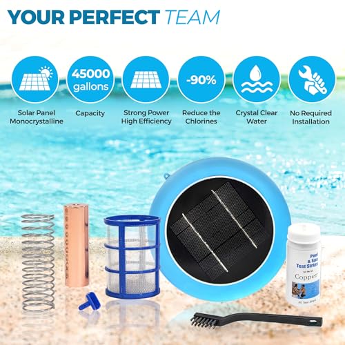 Solar Pool Ionizer for Pools up to 45,000 Gallons, Enhanced with Latest Solar Technology & Longer-Lasting Anode