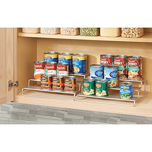 mDesign Adjustable, Expandable Kitchen Cabinet, Pantry, Shelf Organizer/Spice Rack - 3 Level Storage - Up to 25" Wide, Pack of 2, Silver Finish - Thumbnail 2