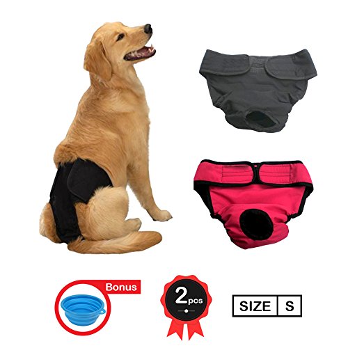 My Dog Underwear | Set of 2 Super Comfortable Unisex Pet Diaper Sanitary Pants with Flaps | Premium High Absorbency Cotton | Machine Washable | Black and Red | S | Feeding Bowl Included | 861.2