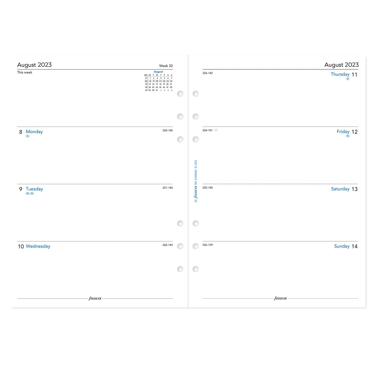Filofax A5 week on two pages mid year diary August 22 - July 23, White