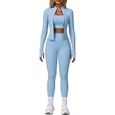 Women’s 3 Piece Workout Set – Sports Bra, Leggings & Jacket with Thumbholes – Yoga Outfit Activewear for Gym Running Training