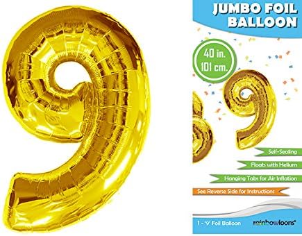 Rainbowloons Jumbo Mylar Foil Balloon, 40-Inch, Glossy Gold, Number 9