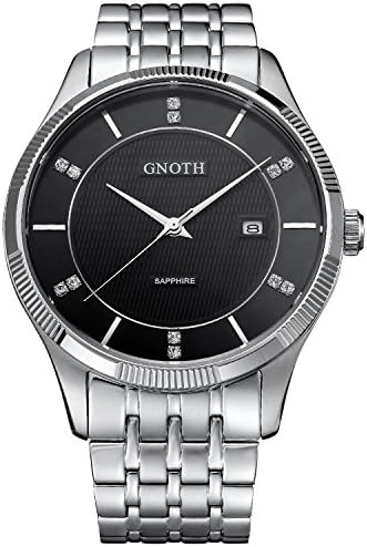 GNOTH Men's Classic Luxury Diamond Analog Quartz Watch with Silver Stainless Steel Band and Black Dial