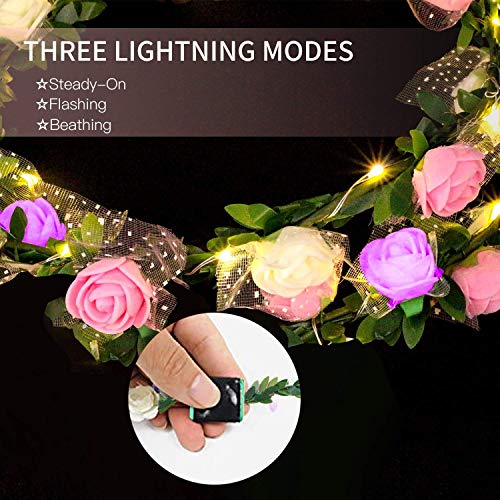          LED Flower Crown Glow in The Dark Party Favors, 12 Pack Adjustable Flower Wreath Headband Luminous 10 LED Flower Headpiece Flower Headdress for Girls Women Wedding Holiday Gifts Dress Up Accessories - Thumbnail 5