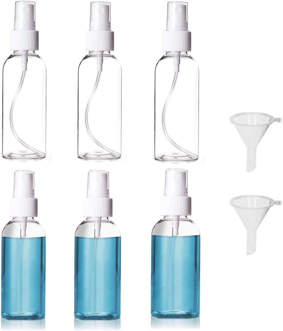 6 Pcs 100ml/3.4oz Clear Spray Bottles with 2 Funnels, Refillable Plastic Fine Misting Bottle, Reusable Empty Travel Dispenser Bottle for Cleaning, Travel, Cosmetics Packaging, Gardening and More