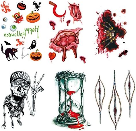 Halloween Temporary Tattoo Bleeding Wound Scar Blood for Cosplay Costume Holiday Partys Makeup, Assorted Patterns (Pack of 6 Sheets)