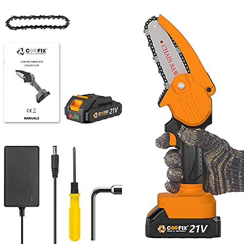 Coofix Mini Chainsaw Cordless,4-Inch One-Hand Handheld Electric Power Small Chain Saw,21V Portable Battery Chainsaw for Garden Farm Orchard Tree Trimming and Branch Wood Cutting