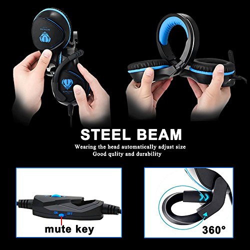 Butfulake Gaming Headset for Xbox One PS4 PlayStation 4 Nintendo Switch PC Smartphone, 3.5mm Stereo Gaming Sound Over-Ear Headphones Noise Cancelling with Mic and LED Light, Blue - Thumbnail 4