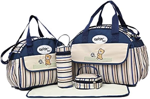 Amazon 縦柄 5in1 マザーズバッグ リュックサック ママ ショルダー 大容量 多機能 軽量 防水 斜めがけ 手提げ カンバス レディース ポーチ付き 保育園 ベビーカー用 青 マザーズバッグ