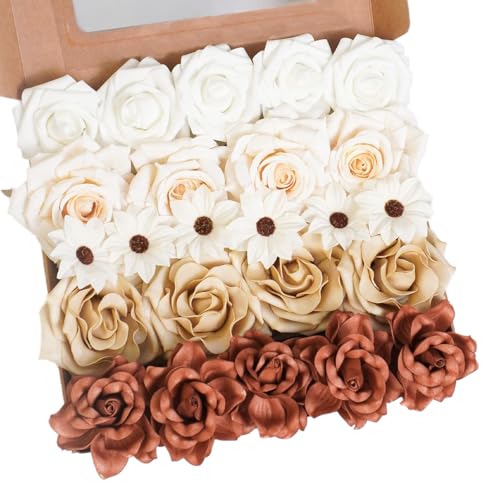 MOEFAL Beige Artificial Daisies & Roses, Bridal Shower Flowers, 24 pcs at Amazon