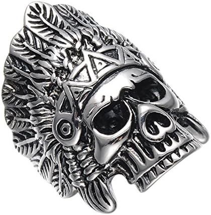 Eamaott Cool Indian Chiefs Headdress Skull Ring Men Stainless Steel Hip Hop Biker Ring