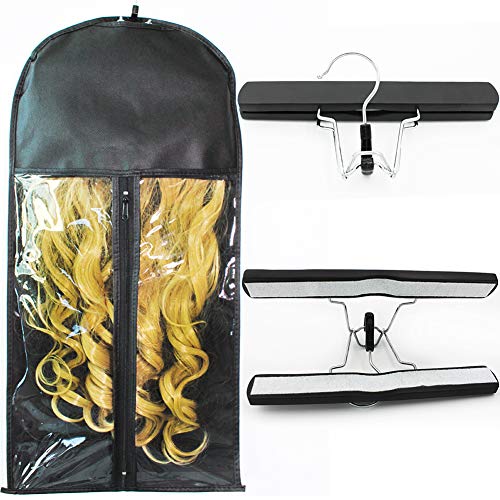 PRUNS Hair Extensions Hanger Bag, Hair Extension Storage Bag, Wig Storage Bag, Hanger Strong Holder,Wig Carrier case with Transparent Zip Up Closure- Lightweight, Waterproof and Wooden Hanger