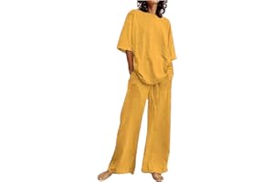 LMDUDAN Womens 2 Piece Cotton Linen Beach Outfits Plus Size Button Down Blouses and Long Pants Suits Dressy Business Work Set