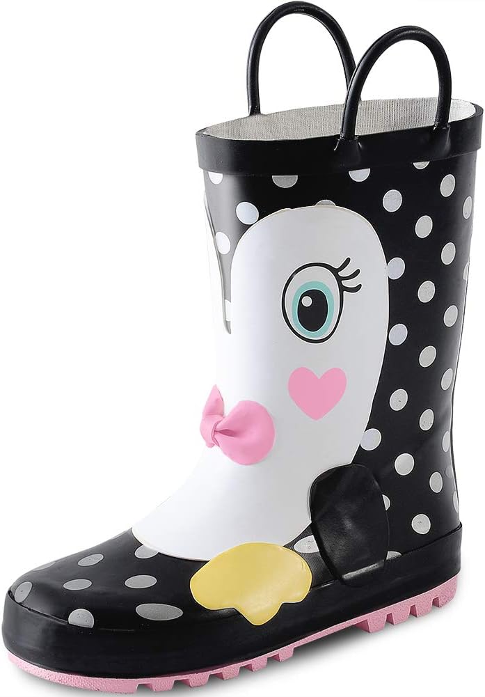 KushyShoo Girls Rain Boots Fun Printed Rubber Boot with Easy-On Handles for Toddler/Little Big Kids