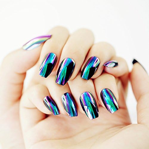 Coffin False Nails 24pcs 12 Different Sizes Fake Nails Green Magic Mirror Reflection Medium Length Full Cover with Design