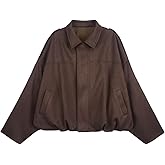 Skoinvb Womens Bomber Jacket Faux Suede Casual Cropped Pilot Coat Lapel Collar Causal Oversized Trendy Outwear