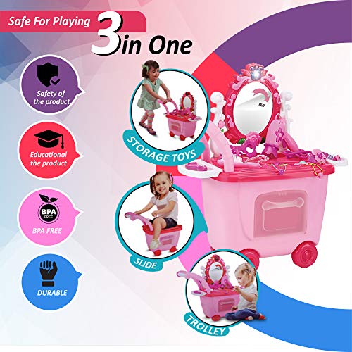 Buddynbuddies 3 in 1 Pretend Makeup & Salon Trolley, 21 PCS Pretend Dress-up Kit for Little Princess Toddler Girl, Glamour Girl Pretend Play Makeup Set for Children 3 Years Old and Up