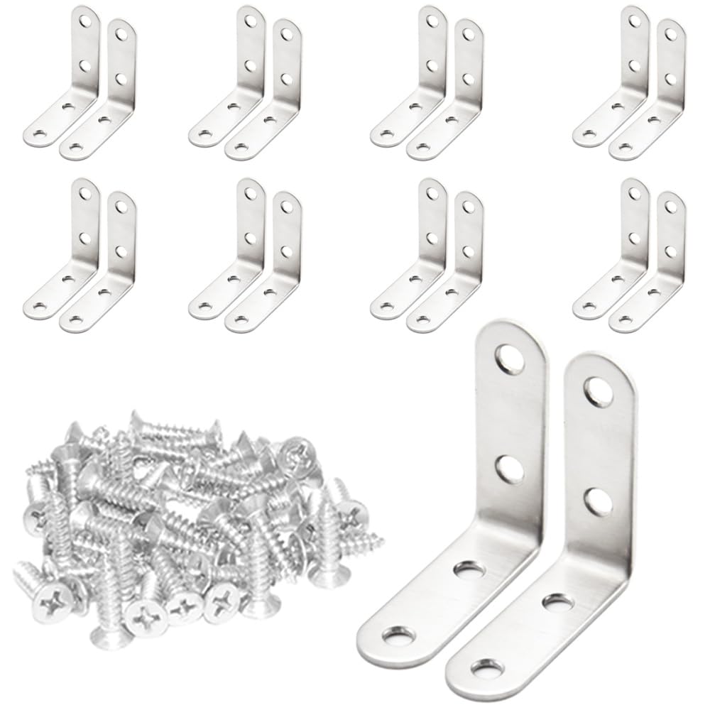 Hocansen 20 PCS Corner Bracket 50x50mm L Right Angle Brackets with Screw Stainless Steel 90 Degree Angle Support Corner Brace Brackets Fastener for Tables Wood Furniture(50x50mm/JM)