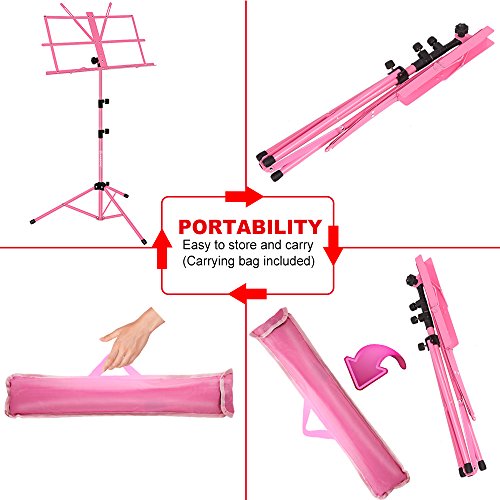 Music Stand, Kasonic Professional Collapsible Orchestra Portable and Lightweight with LED light, Music Sheet Clip Holder and Carrying Bag Suitable for Instrumental Performance (Pink)