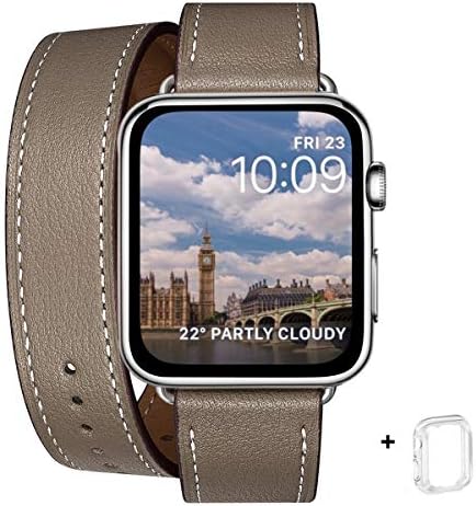 WFEAGL Compatible Apple Watch Band, Genuine Leather, iwatch Series 6/5/4/3/2/1,SE Leather, Replacement Strap for Sport/Edition, Compatible Apple Watch Band (38mm 40mm, Double Winding Camel Brown + Silver Adapter)
